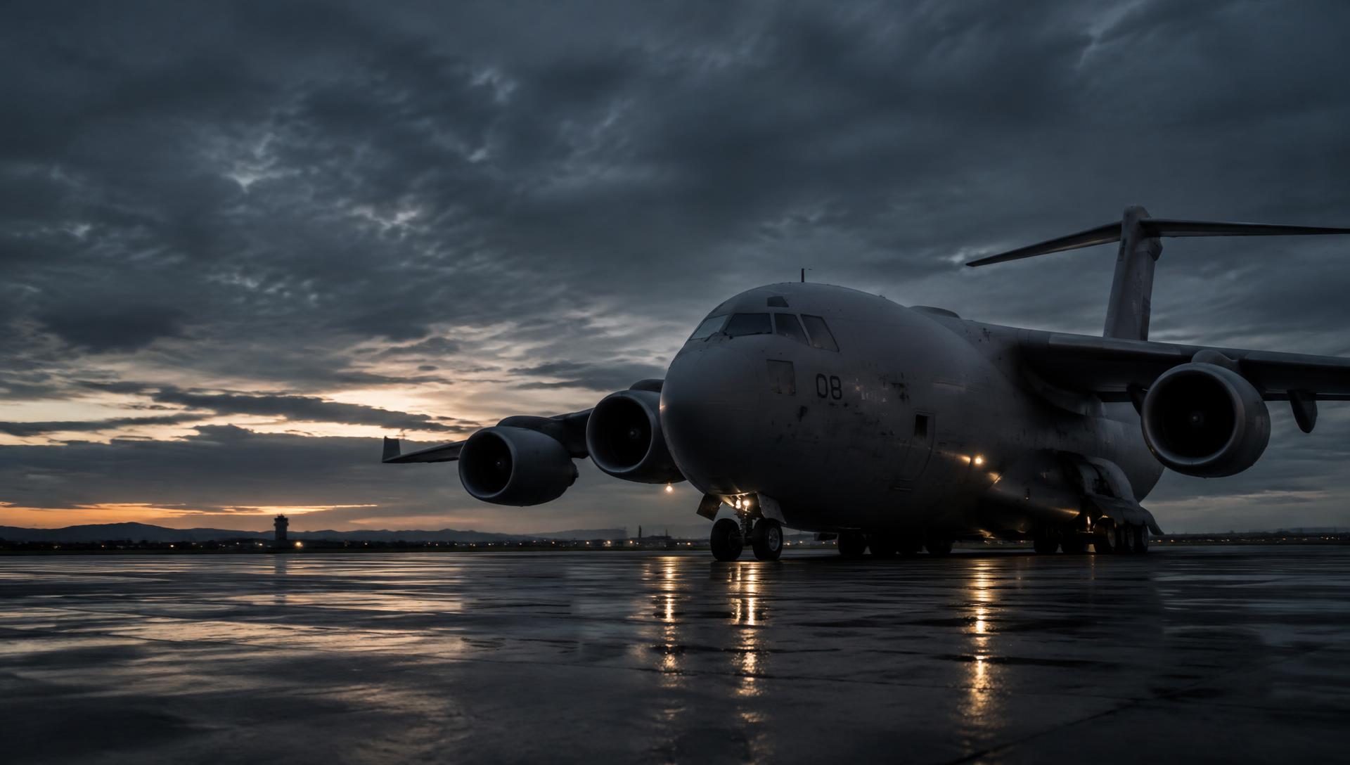 Military transport aircraft on a wet airfield at dusk
